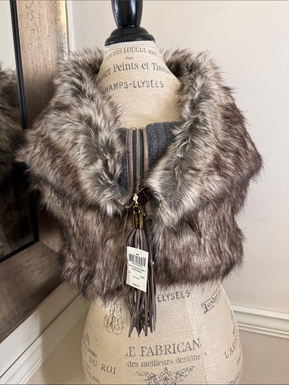 henri bendel Brown Faux Fur & Cashmere Reversible Collar with Tassel Zip Pull - Picture 4 of 14